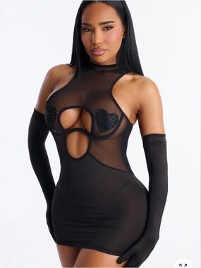 2/90$🔥Sheer Cutout Black Mini Dress with Rhinestone Heart Pasties